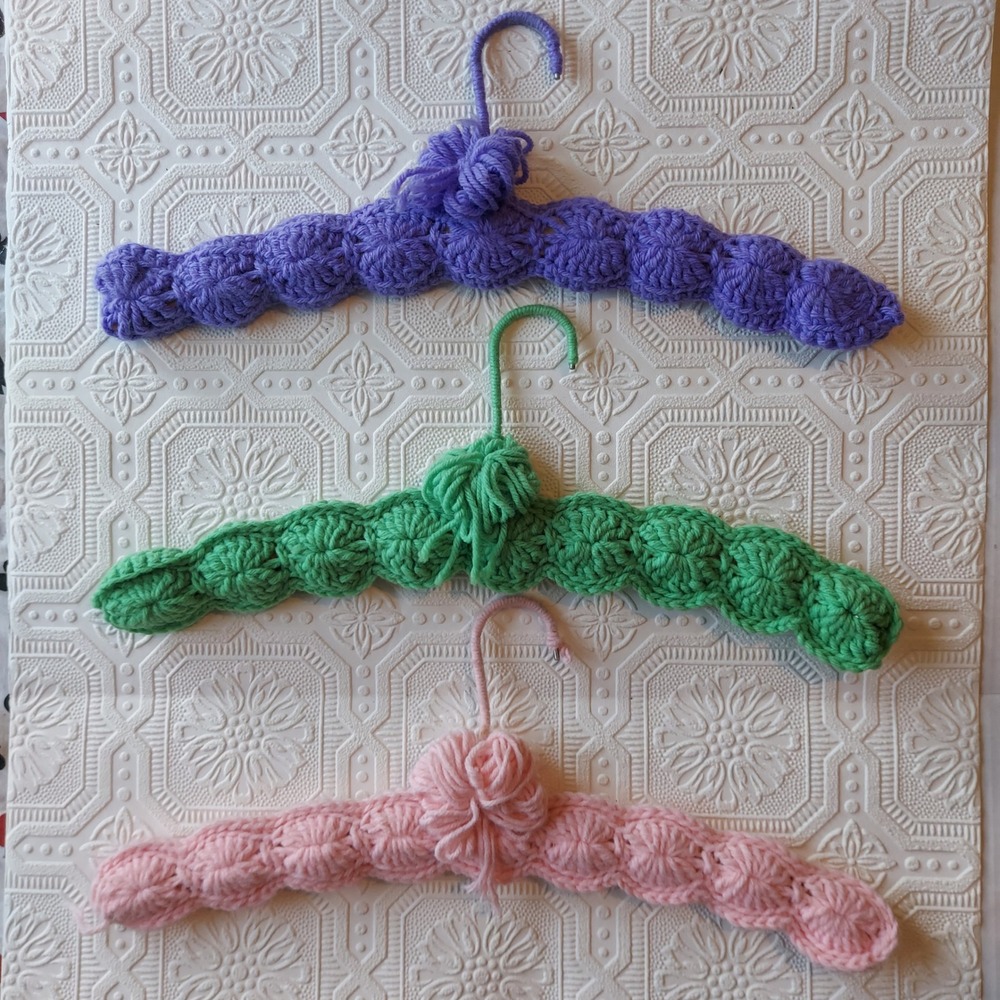 Vintage Handmade Crochet Padded Hangers Set of 3 Pastel Pink Green Purple 16in